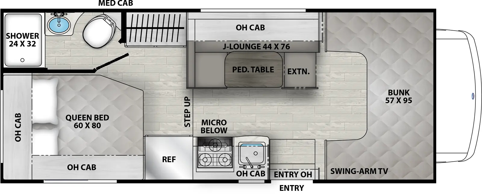 The Freelander 21QSS Chevy 3500 floorplan has one entry and zero slide outs. Exterior features include: 15' awning. Interiors features include: bunk over cab.